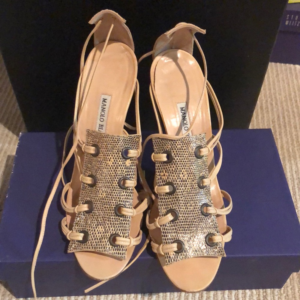 Manolo Blahnik Snakeskin lace up Sandal